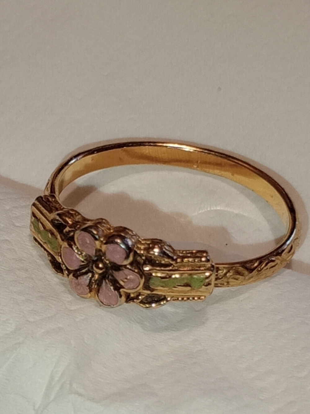 Ring Gold Floral Enamel Cluster Ring Victorian Style with Pink Petal Accents - Picture 6 of 13